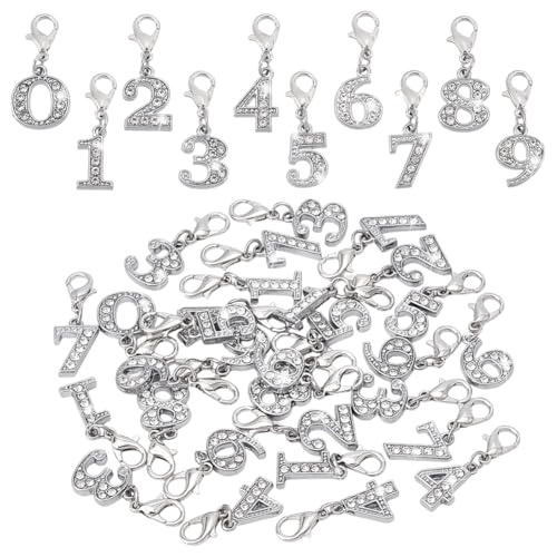 PH PandaHall 40pcs 10 Styles Rhinestone Number Charms with Lobster