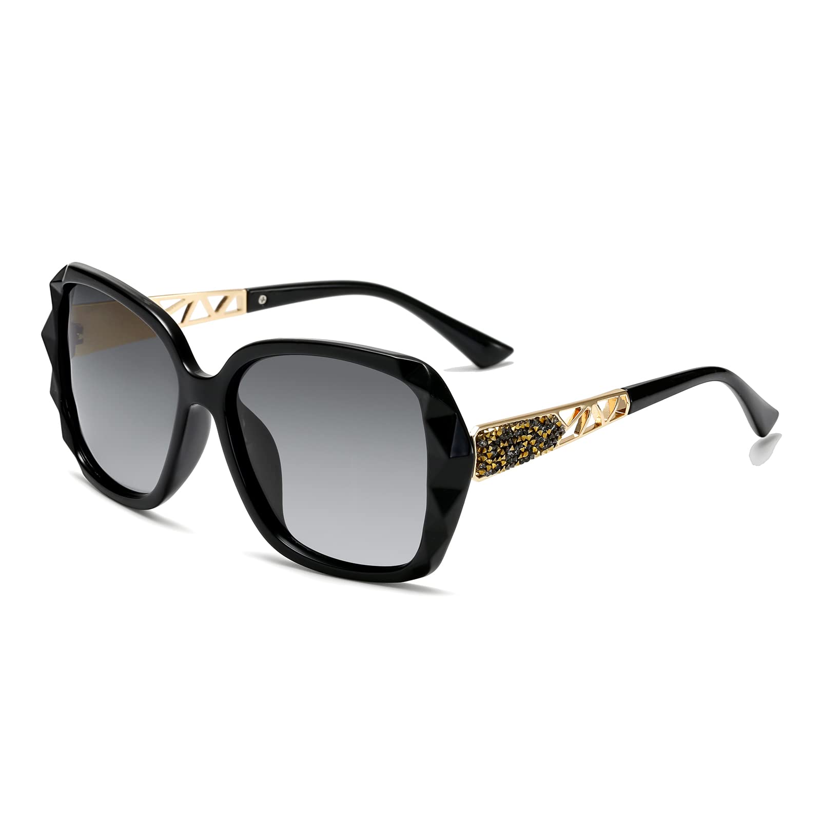 Long Keeper Gafas de Sol Mujer Polarizadas da Moda Grandes UV400 Clásico Gafas de Sol Marco Metálico y Plástico con Pedrería Decoración para Señoras