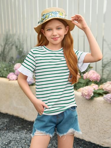 Image of Haloumoning Girls Striped Ruffle Short Sleeve T Shirts Kids Summer Crewneck Tops Casual Tees 5-14 Years