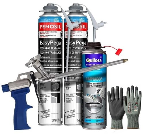 Kit de espuma de poliuretano: 2 latas de 950 ml de Penosil EasyPega, 1 limpiador de 500 ml, 1 pistola aplicadora, 1 par de guantes