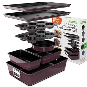 NutriChef 8-Piece Nonstick Stackable Bakeware Set – PFOA, PFOS, PTFE Free Baking Tray Set w/Non-Stick Coating, 450°F Oven Safe, Round Cake, Loaf, Muffin, Wide/Square Pans, Cookie Sheet (Plum)