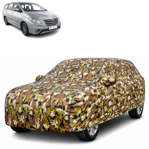 Image of Waterproof Car Body Cover for Toyota Innova 2015 with Mirror Pocket| Cotton Inner Lining | Triple Stitched | All Weather Protection | Dust, UV & Rain Proof (Camouflage with Blue Piping)