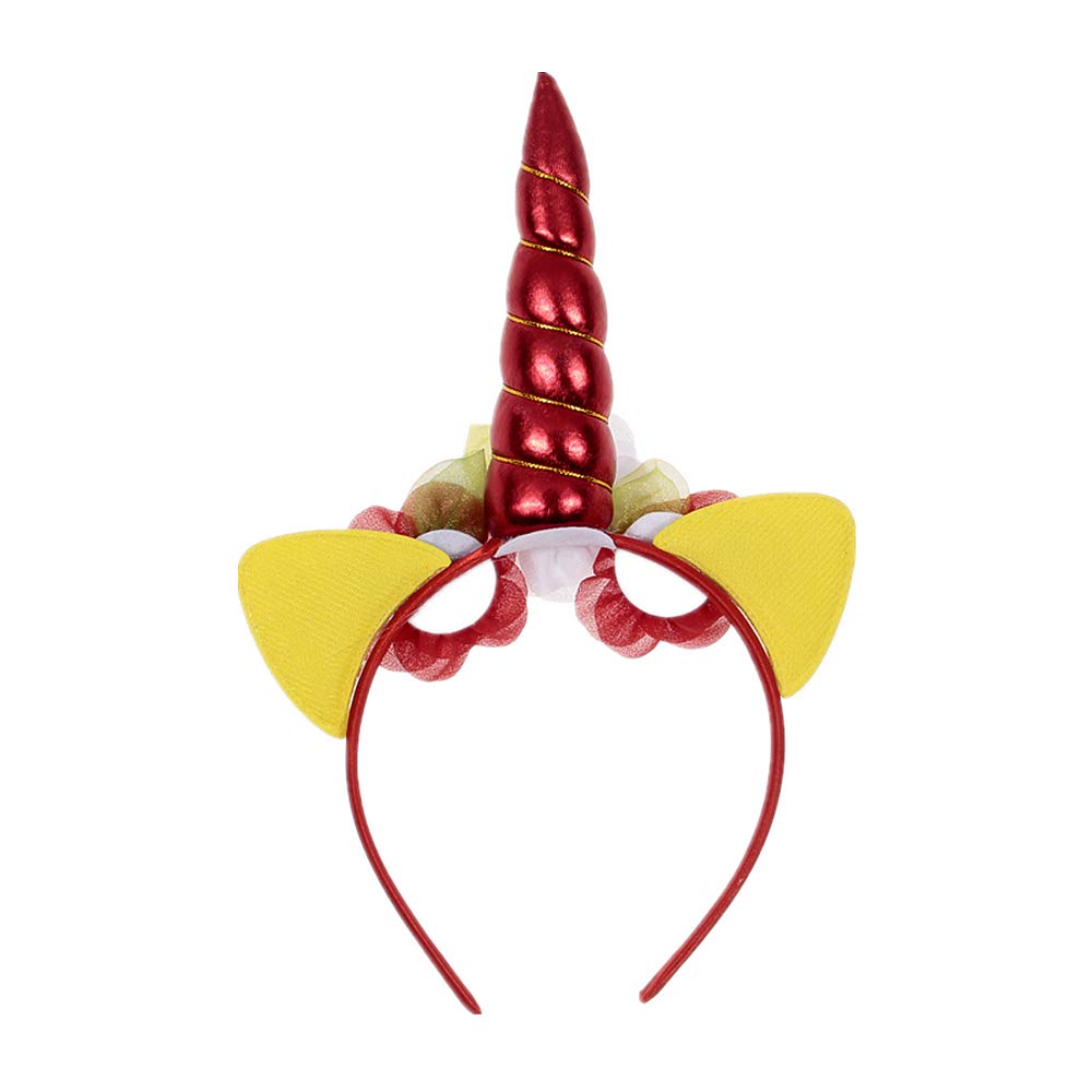 Nishine Kids Glitter Unicorn Horn Floral Headband Girls Party Hairbands Facncy Cosplay Decoration Party Supplies Photo Props (Red)