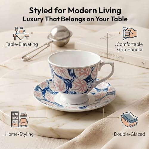 Image of U.P.C. Tea & Coffee Cup Saucer Set of 12 (6 Cups & 6 Saucers) | Navy Blue & Blush Pink Tropical Leaf Print | Ceramic Crockery Set for Home, Kitchen & Gifting