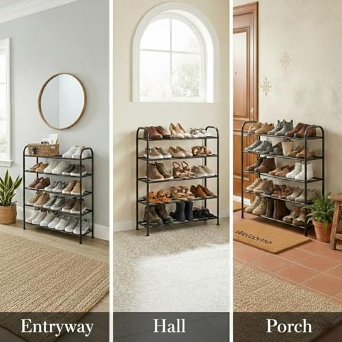 Image of Portable Shoe Rack for Home Plastic with Door,Adjustable Plastic Shoe Rack for Bedroom /Outdoor Waterproof, Shoe Storage Organizer,with Shelves Kitchen Runner Rug (Black, 5-Layer)