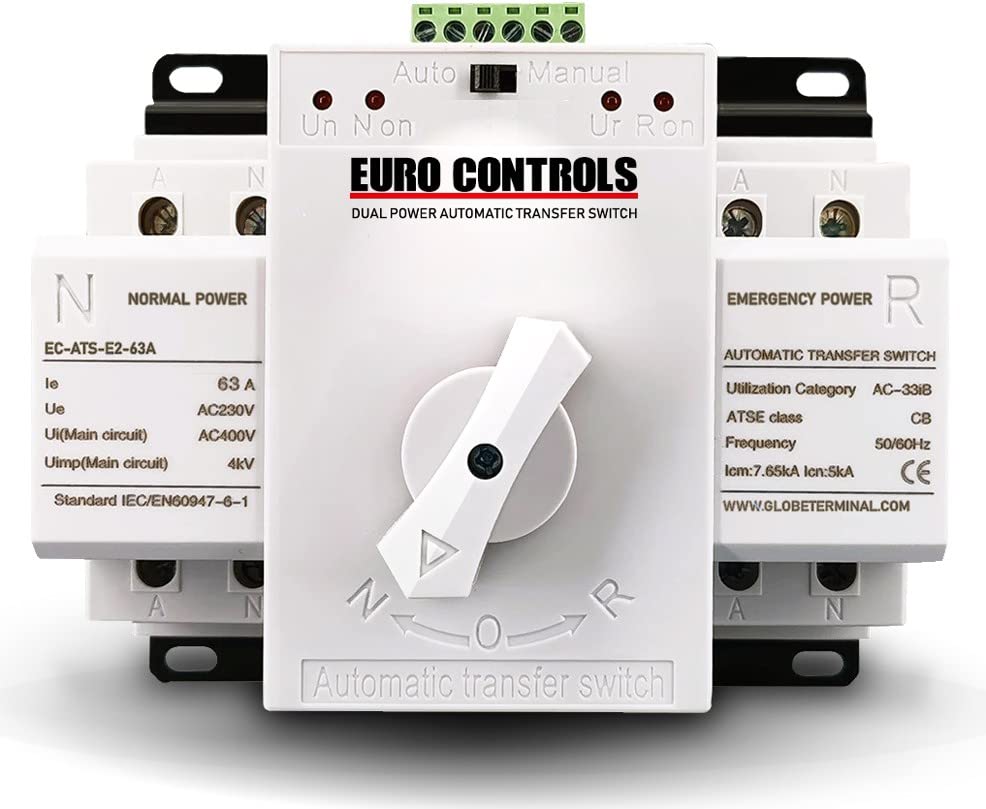 EuroControls Euro ATS Automatic transfer switch dual source Centre Knob Fast switching with control signal terminals and automatic Motorized changeover (63 A 2 POLE)