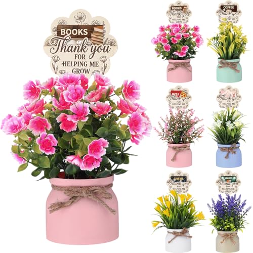 Riceshoot 6 Sets Teacher Appreciation Gift Card Bouquet Fake Flowers Artificial Plants and Thank You for Helping Me Grow Plant Tags for Teacher Week Gift Card Holder
