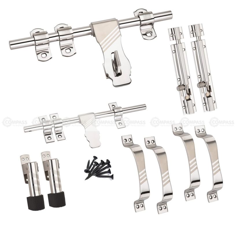 Image of COMPASS Flower Stainless Steel Heavy Double Door Fitting Accessories Full Set /Kit (1 Aldrop, 1 Latch, 4 Handles, 2 Tower Bolt and 2 Door Stopper | 12 inch | SS Finish