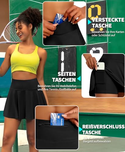 JoyGirl Plissee Faltenrock Damen Tennis Rock mit Hose Drunter Hohe Taille Skort Golf Sport Rock Minirock mit Taschen für Laufen Workout (Schwarz,M)