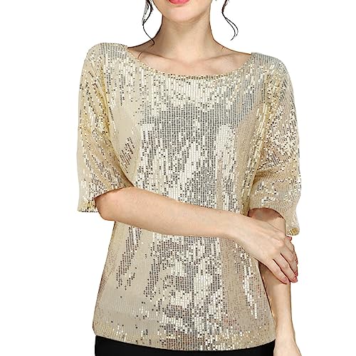 Hefiauo Ofertas Camisetas Lentejuelas para Mujer Empalman Holgada Casual Túnica Blusa Primavera Otoño Cuello Redondo Brillante Parte Superior Mujer Plata Vintage Tops para Nochevieja Festivas Fiesta