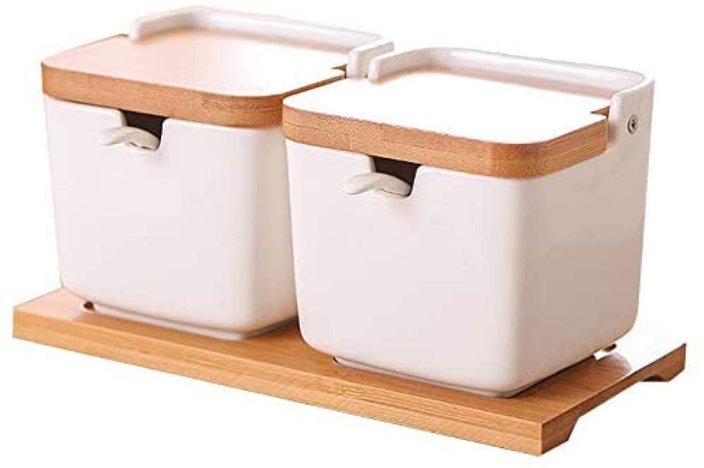 Zuccheriera con Coperchi e Cucchiai, Zuccheriera in Ceramica con Base in Legno, Portaspezie da Cucina-2-piece suit
