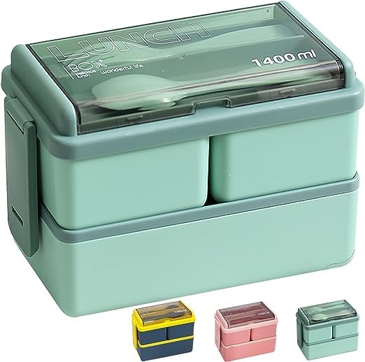 Polypropylene Bento Lunch Box For Kids Adults Lunch Containers For Work Lunchbox For Men Woman Leak-Proof Lunch Box With 3 Compartments Green Bento Box Microwave-& Dishwasher-Safe