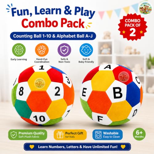 Image of ABCD & Counting Soft Ball Pack of 2, Ball 15 cm Educational Learning Balls for Kids, Alphabet & Number Learning Toy, Colorful Soft Activity Ball for Boys & Girls