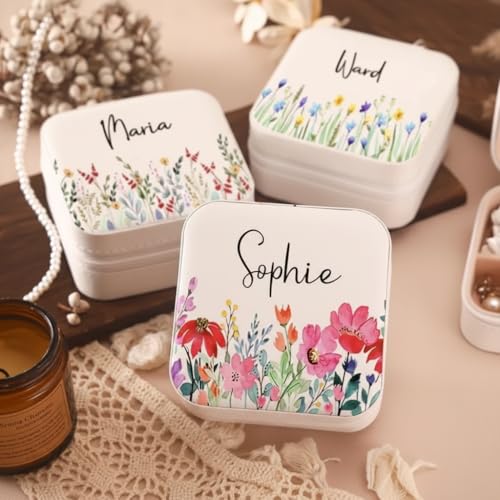 Image of PRIMIT Personalized Jewelry Box with Name & Birth Flower - Custom Travel Jewelry Organizer Case - Bridesmaid, Birthday, Christmas Gift for Women & Girls (White)