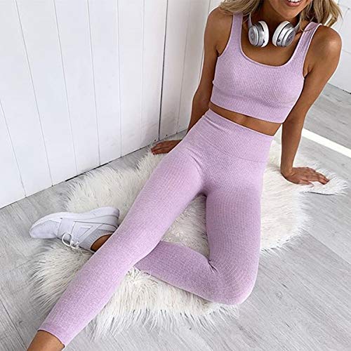 OLCHEE Women\'s 2 Piece Tracksuit Workout Outfits - Seamless High Waist Leggings and Long Sleeve Crop Top Yoga Activewear Set - Purple Size M - Thumbnail 5