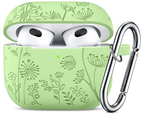 Lerobo Custodia per AirPods di terza generazione con incisione floreale, con portachiavi, cover in silicone compatibile con Apple AirPod di terza generazione, protezione completa, LED frontale