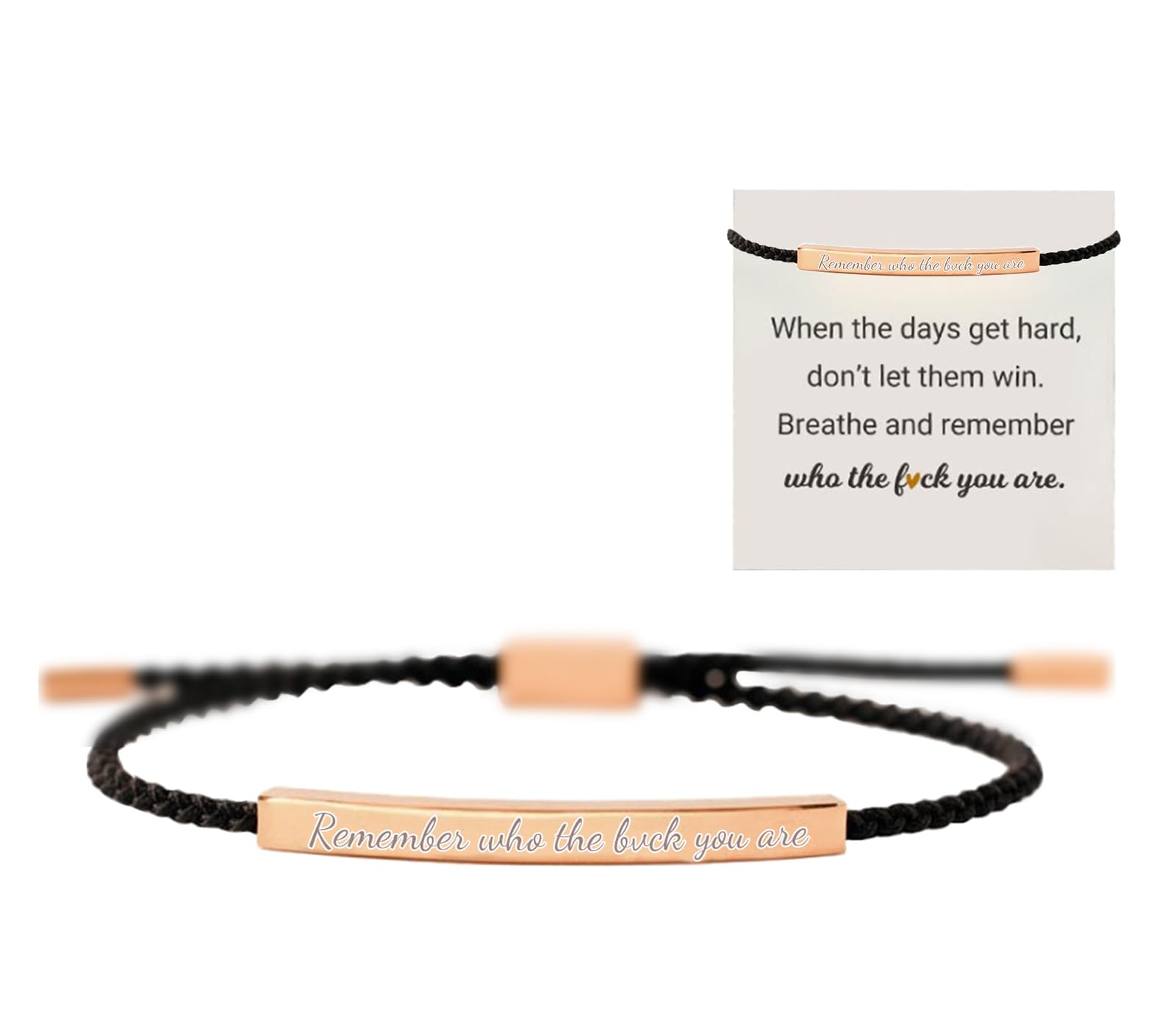 NeyeauRemember Who The F You Are Motivational Strength Bracelet for Women Adjustable Handmade Hand Braided Clasp String Bracelet Engraved Inspirational Quote for Family Friends Women Girls Black