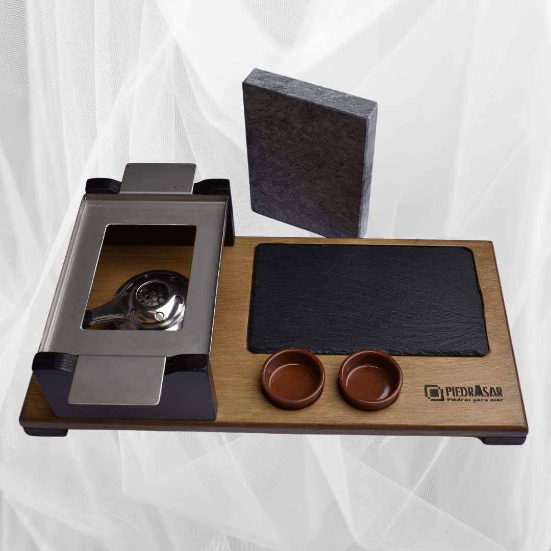 Piedra para asar carne de 15x20 con quemador y plato de pizarra Modelo deluxe