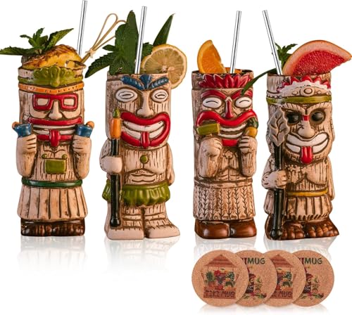 USEEKRIL Cocktail-Tiki-Becher, 4er-Set – exotischer, mattierter Becher mit 4 Strohhalmen und Untersetzern, süße Cocktailgläser aus Keramik für Partys im Hawaii-Stil