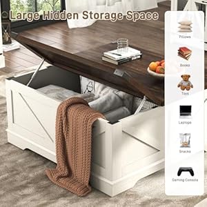 40 large farmhouse lift top coffee table with power outlets and large hidden storage square wood living room tables multi function lift wooden barn door center table rustic white  urban country home decor