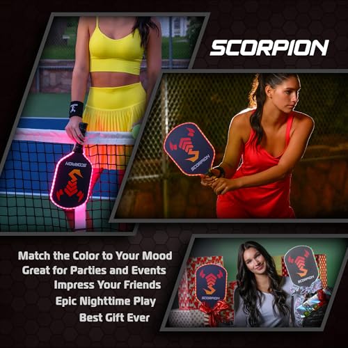 Image of SCORPION LED Pickleball Paddles Set of 2 or 1 - Lightweight Rackets with LED Edge Lighting | Carbon Fiber /Fiberglass /Wood Face | Durable Paddles for Women, Men, and Kids | Includes Bonus Accessories