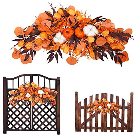 LIUCOGXI 29 Inches Fall Swag Halloween Thanksgiving Day Decoration Garland Artificial Flower Swag with Maple Leaf and Pumpkins Cotton Garland for Home Decoration Front Door Wall Wedding Arch Cover