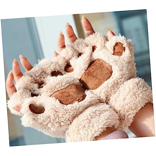 SAFIGLE Plush Fingerless Gloves for Warm Half-finger Mittens Wrist Rope Soft and Comfortable Design Beige3