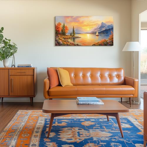 SERIMINO Sunset Landscape Large Wall Art, Mountain Lake Scenic Canvas Prints, Country Nature Scenery Artwork for Walls, Aesthetic Paintings Wall Decor Living Room Bedroom, Rustic Home Decor 24"X48"