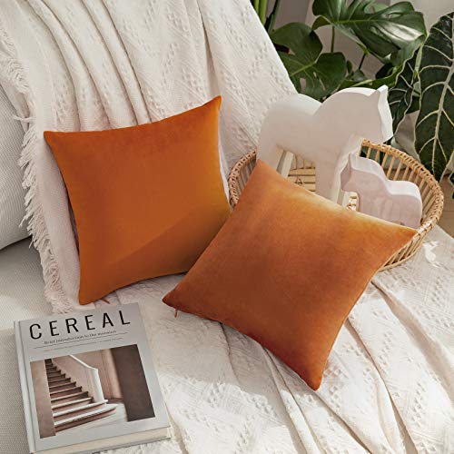 Image of MIULEE Pack of 2 Velvet Pillow Covers Decorative Square Pillowcase Soft Solid Cushion Case for Sofa Bedroom Car 12 x 12 Inch Orange