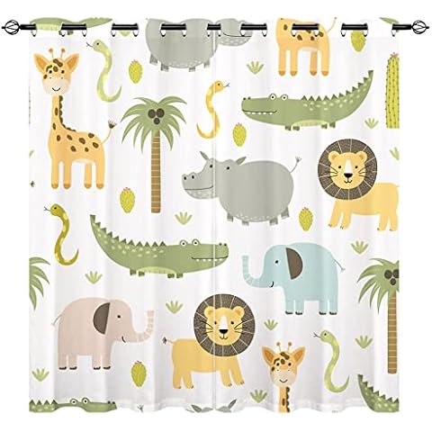 YUANZU Safari Animal Curtains - Kids Hippo Crocodile Lion Elephant Giraffe Woodland Zoo Family Pattern Eyelet Blackout Room Darkening Window Drapes for Boys Girls Bedroom 2 Panels W117cm x D137cm Cover