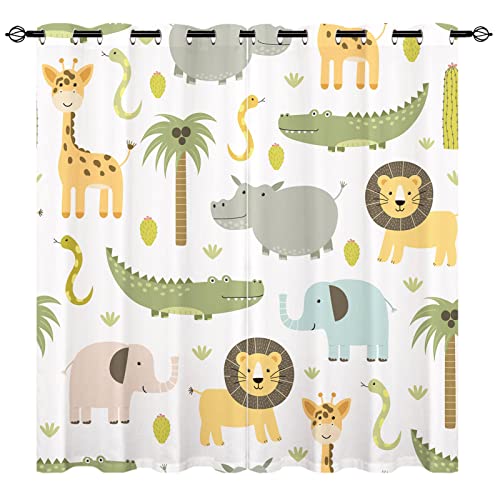 YUANZU Rideaux Safari Enfants - Motif Jungle Animaux Sauvages (Lion Hippo Éléphant) avec Œillets Opaques Isolants Thermiques pour Chambre Garçons/Filles - 2 Panneaux L75cm x H166cm