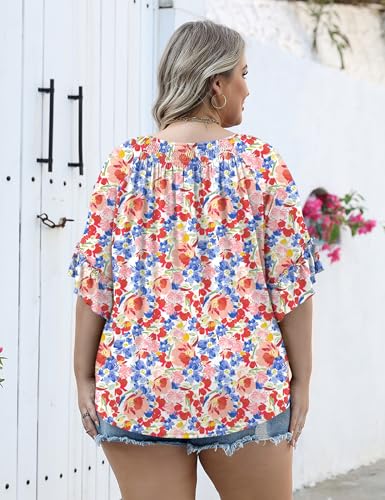 Image of Micoson Womens Plus Size Tops 3 /4 Ruffle Sleeve Crewneck Pleated Shirts
