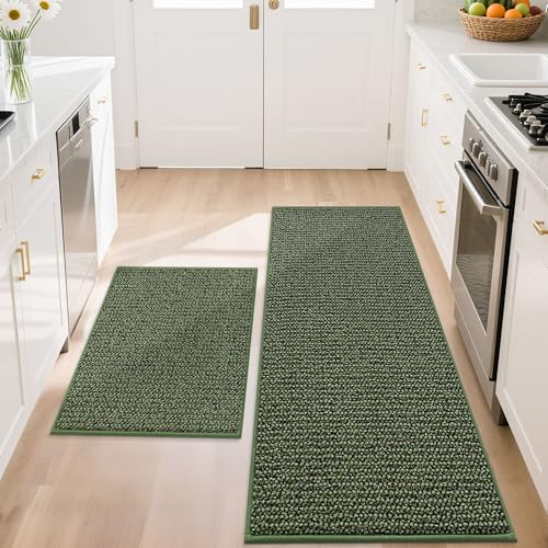 BEQHAUSE Kitchen Rugs and Mats 2PCS, Non-Slip Kitchen Mats for Floor, Absorbent and Stain Resistant Kitchen Runner, Machine Washable Rugs for Kitchen, Laundry & Sink, 20"x32"+20"x48", Green