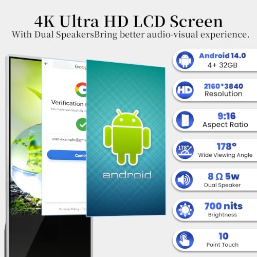 Image of 43 inch Digital Signage Display Kiosk Indoor Floor Standing Advertising | 4K Android 14 4 + 32 Storage, USB WiFi HDMI Bluetooth Input, Smart Split Screen, Free CMS, 700 Nits, Life over 50,000 hour