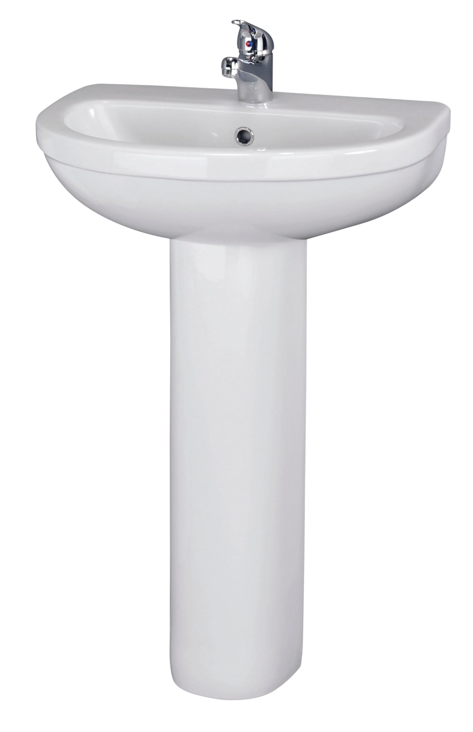 Balterley White 555Mm Bathroom Sink, Full Pedestal Ceramic Round Bowl Bathroom Wash Basin Sink With Overflow, 1 Tap Hole, Floor Standing Basin Sinks For Cloakroom - 555 X 445 X 845Mm (White)