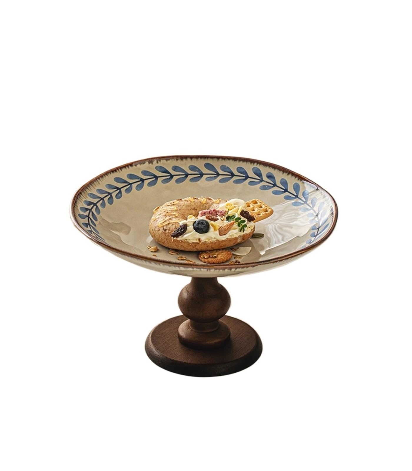 Obstteller aus Holz mit hohem Fuß, Wohnzimmergeschirr, Küchengeschirr, Keramik-Snacktablett, leicht, luxuriös, Retro-Stil, Trockentablett(Color-01)