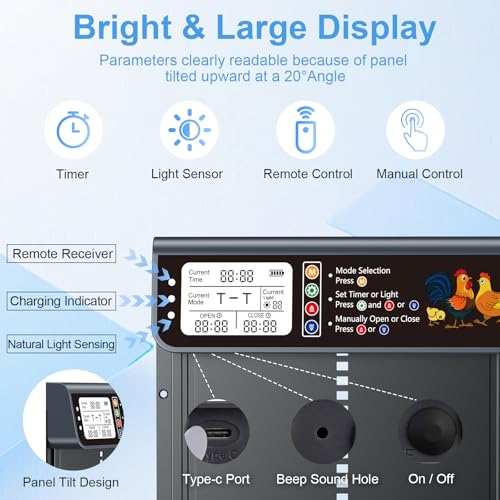 Image of Automatic Chicken Coop Door Solar Powered, LCD Display Automatic Chicken Door with Timer & Light Sensor, Solar Chicken Coop Door with Remote Control, Anti-Pinch Function and Made of Al-Alloy