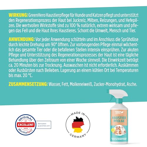 Green Hero Mittel gegen Juckreiz bei Milben 500 ml für Hunde & Katzen | Haustierpflege Spray unterstützt den Regenerationsprozess bei Grasmilben Milben Räude Reizungen Läusen Anti Juckreiz