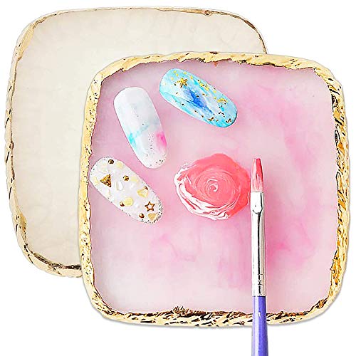 Harz Nail Art Palette, BKJJ 2 Stück Gel Polish Halter, Goldener Rand Nagelpaletten, Nachahmung Achat Muster Design, Farbmischung Pigment Platte, Mischpalette Nagelkunst Werkzeug Zubehör (WeiÃ/Pink)