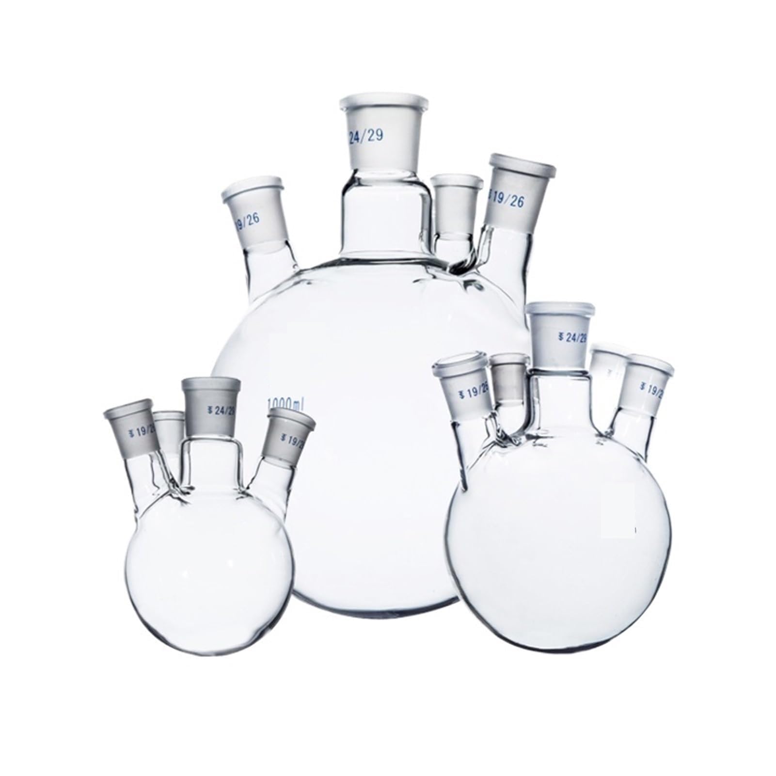 Matraz aforado de borosilicato, Matraz oblicuo de 4 bocas de laboratorio Reactor esférico Matraz de reacción de resistencia espesa de vidrio de borosilicato(500ml 24x24x24)