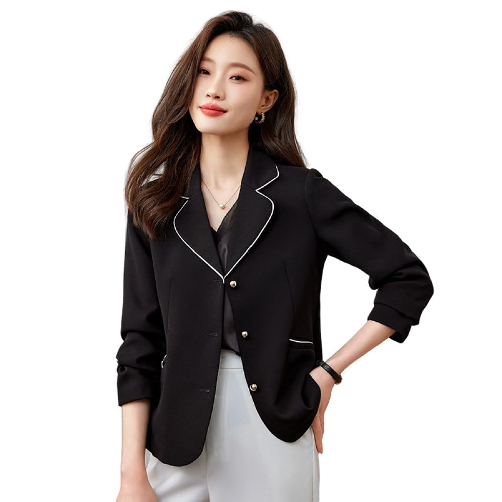 Anzug Damen,Kurzer Damen-Blazer, Langärmelig, Gekerbtes Revers, Kontrast-Anzugjacke, Eleganter Bolero-Cardigan, Schwarzer Knopf-Taschenmantel, Lässiger Abend-Anzug, Business-Blazer-Anzug