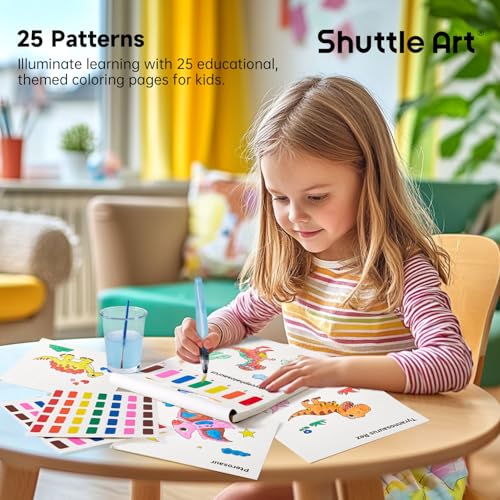 Image of Shuttle Art Paint with Water Coloring Book for Kids, 25 Dinosaur Themed Pages with 2 Brushes, Mess-Free Watercolor Paint Set, Travel-Friendly Art Craft Gift for Toddlers, Birthday Christmas Gift