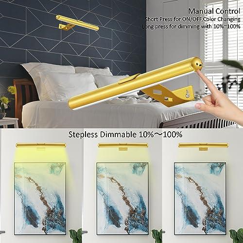 Image of Wireless Picture Light Battery Operated,Rechargeable Painting Light with Remote Control, Metal Art Light Dimmable Display Lamp,3 Modes with Timer for Frame Dartboard Gallery,300LM, Gold
