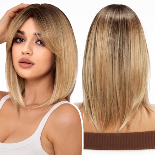 WOKESTAR Bob Wig with Fringe Short Blonde Color Wigs for Women Bob Style Synthetic Heat Resistant Bob Wigs