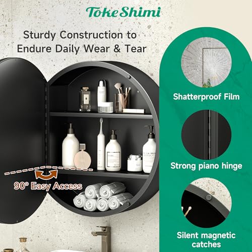 Image of TokeShimi 24 x 24 Round Medicine Cabinet with Mirror, Black Medicine Cabinet, Circle Bathroom Mirror with Storage, Shatterproof with Metal Frame, Detachable Shelves, Wall Mounted Only