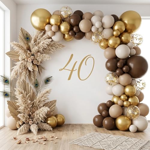 Image of RUBFAC Brown Balloon Garland Arch Kit 129pcs Different Sizes Pack of 18 12 10 5 Inch, Latex Light Brown Coffee Sand White Cream Beige Confetti Gold Balloon Garland Arch Kit for Neutral Boho Bear