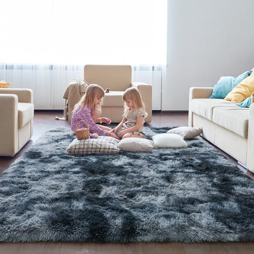 KING DARE 6x9 Area Rugs for Living Room, Shaggy Plush Fuzzy Non-Slip Soft Fluffy Carpet Washable for Bedroom Dorm Playroom Kids Room, Modern Home Decor Aesthetic, Blue and Grey
