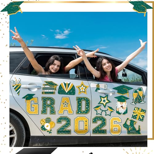Image of Landhoow 30 Pcs Graduation Car Magnets 2026 Senior Graduation Car Decoration Bumper Sticker Congrats Grad Magnet Magnetic Refrigerator Decal for Grad Parade Party Supplies(Green, Gold)