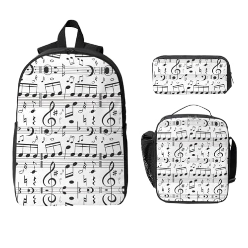 Music Note print Shoulder Bookbags Lunch Bag and Pen Case 17 inches Backpack with Lunch Box, Cute Bookbag Set2