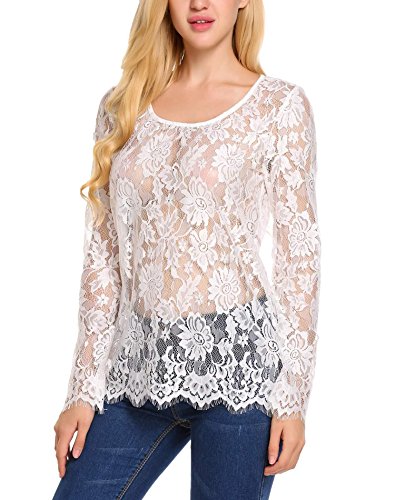 Zeagoo Women's Round Neck Sexy Sheer Blouse Mesh See Through Lace Crop Top,White XXXL